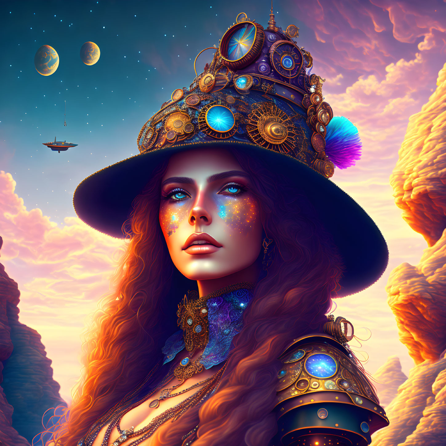 Cosmic-themed woman portrait in alien desert landscape