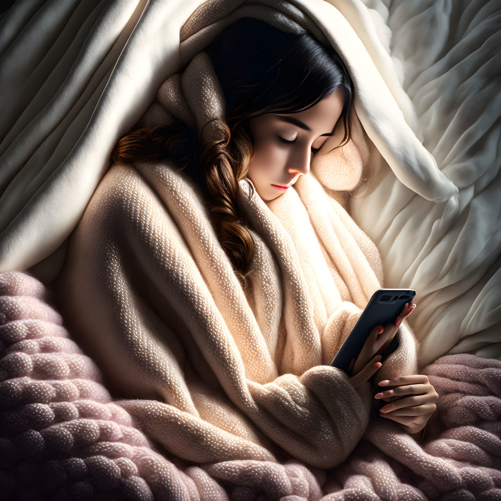 Woman in cozy blanket looking at phone in dimly lit room