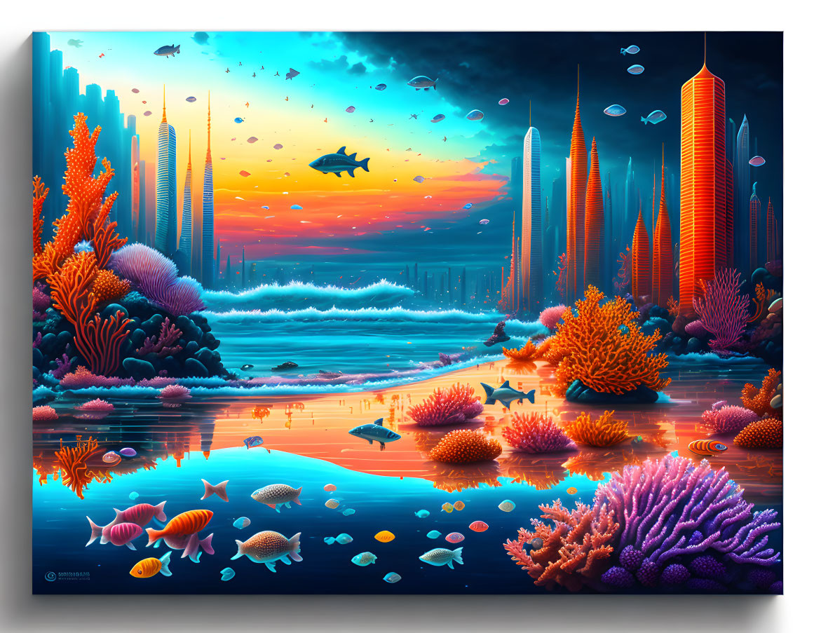 Surreal underwater cityscape with coral reefs and futuristic buildings