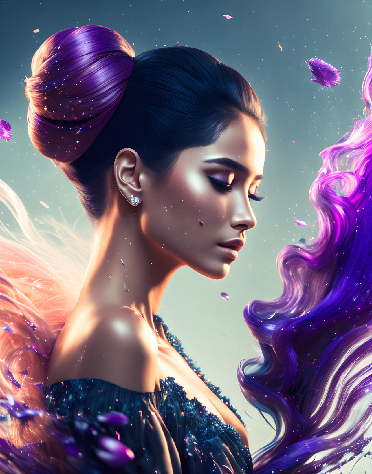 Profile of woman with high bun, cosmic makeup, purple hair, celestial backdrop.