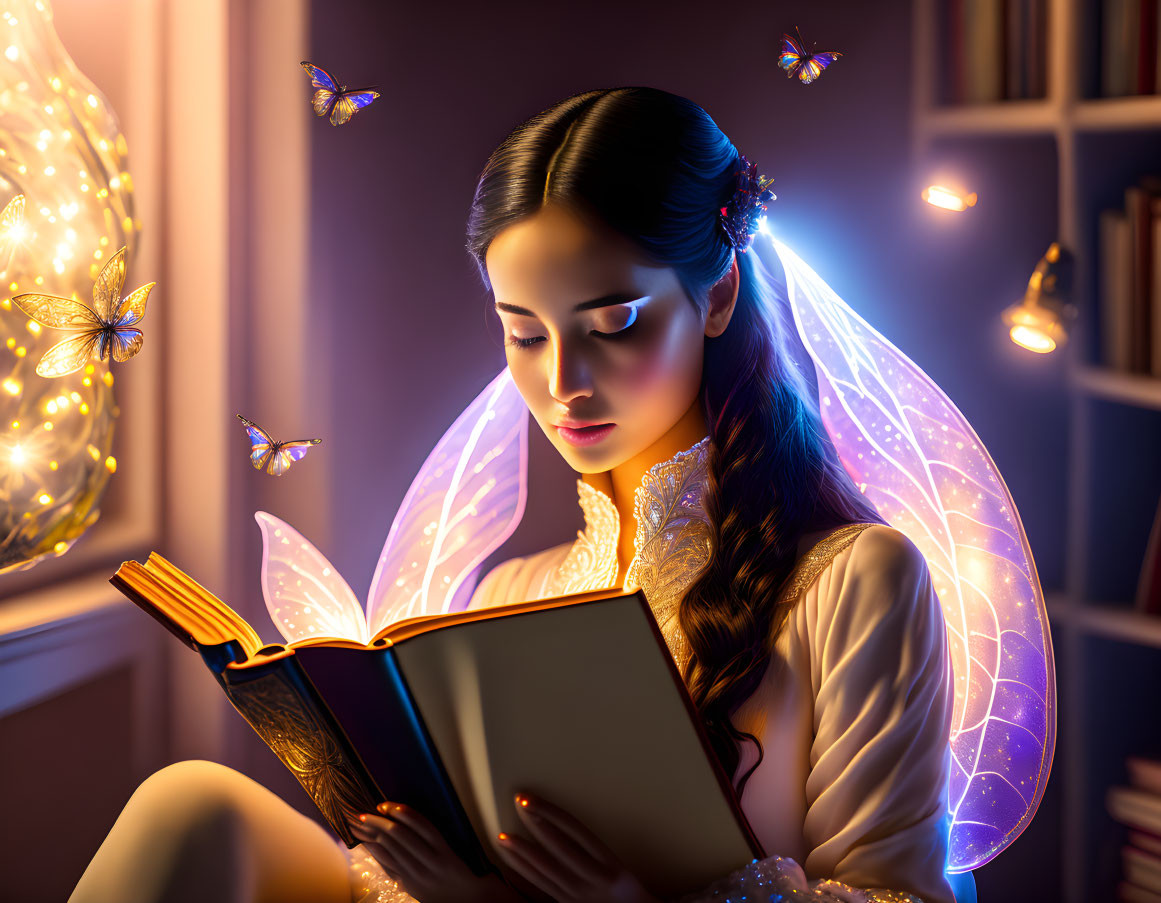 Fantastical image of a woman with glowing wings reading among butterflies