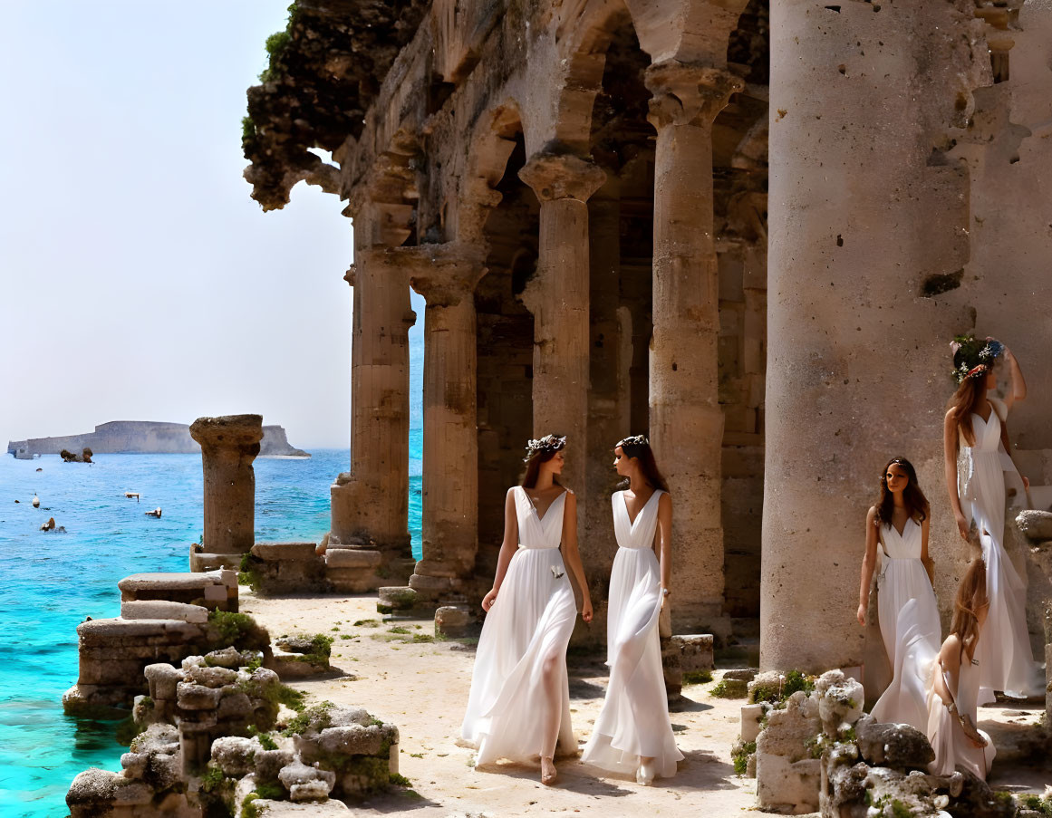 Women in white dresses by ancient ruins near the sea under clear blue sky.