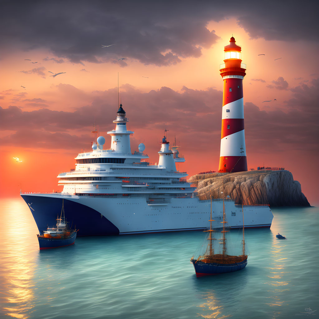 Cruise ship, sailing boat, striped lighthouse on cliff at sunset