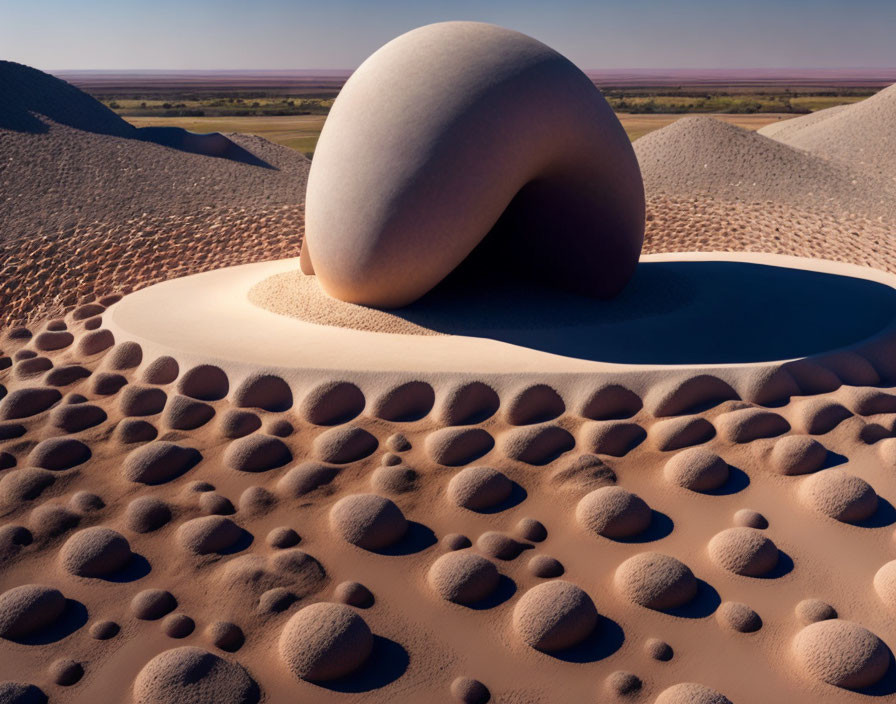 Surreal desert landscape with egg-like structure and patterned sand formations