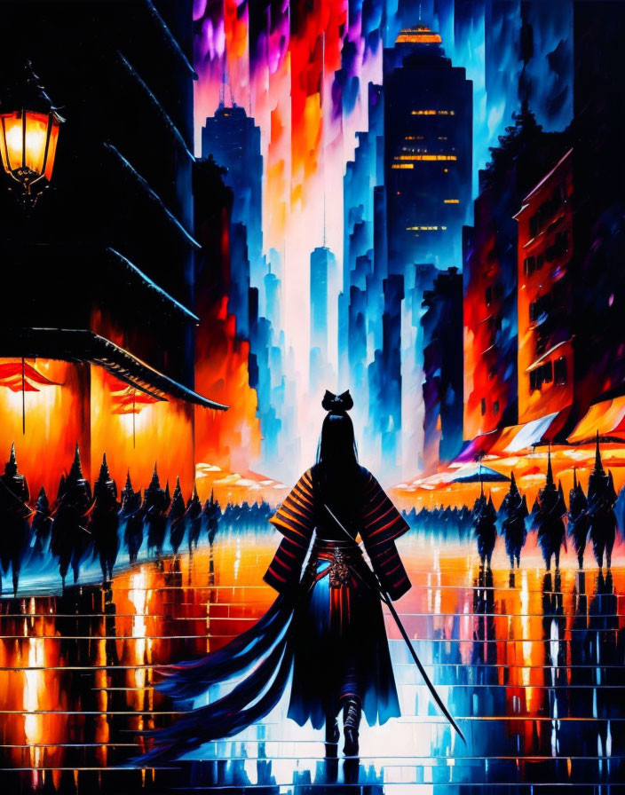 Traditional samurai attire figure on vibrant neon-lit street with skyscrapers and colorful sky