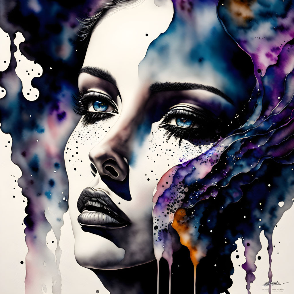 Surreal portrait of woman's face with cosmic watercolor splashes in purple and blue