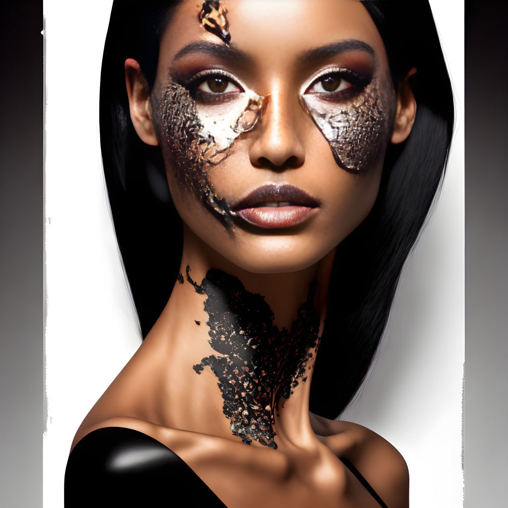 Woman's portrait with black and metallic cracked stone makeup