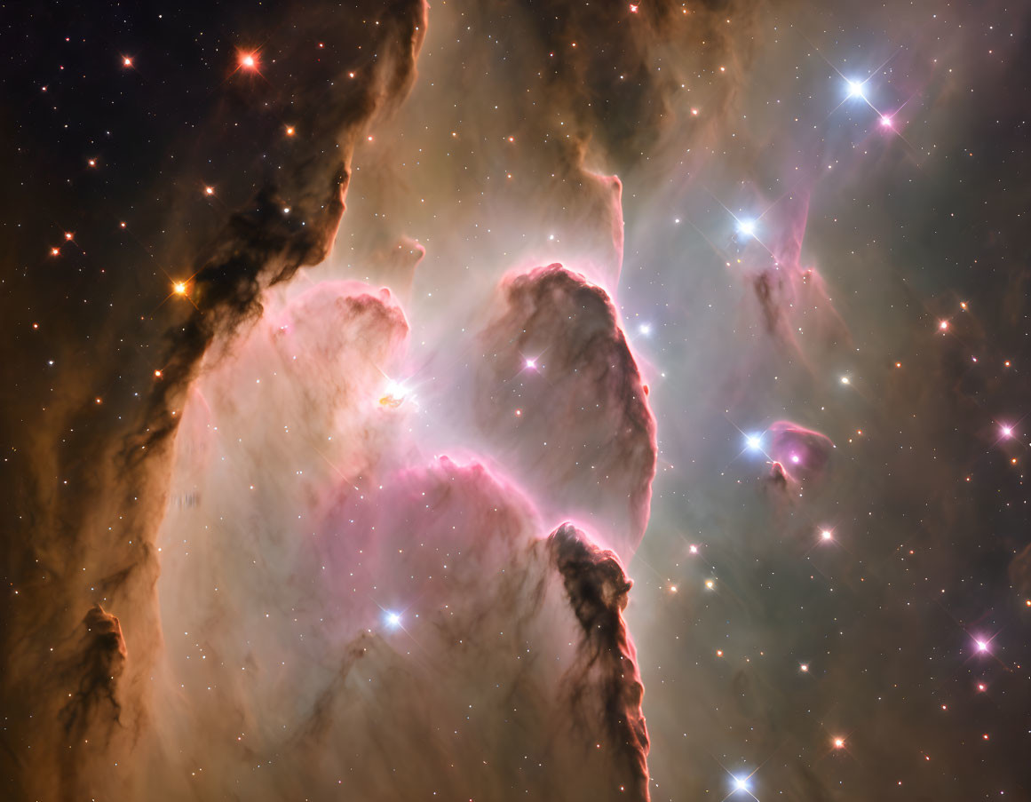 Glowing Pink and Orange Nebula with Dust Lanes and Stars