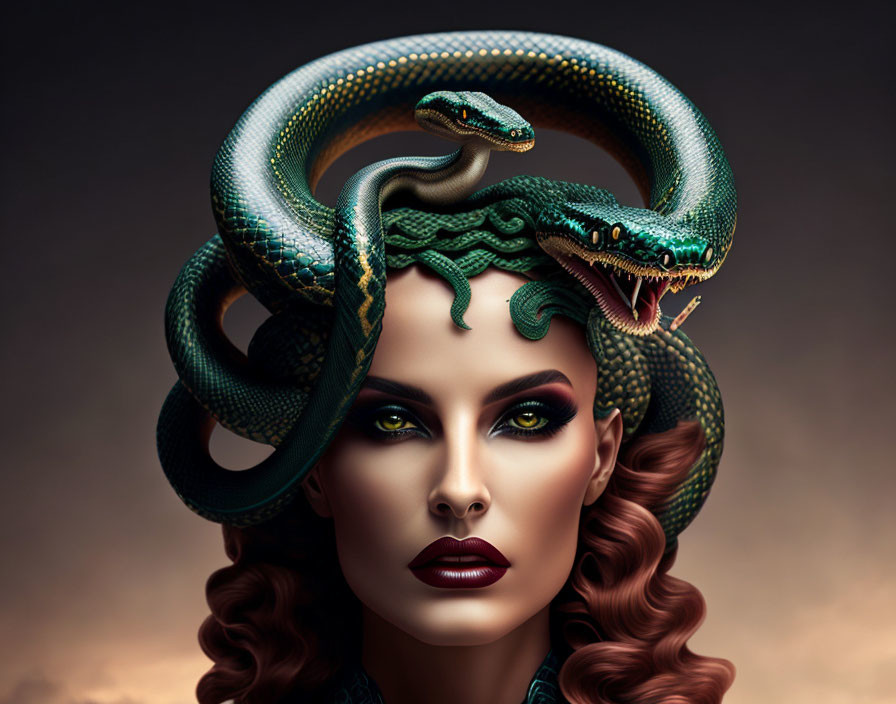 Woman with dramatic makeup and green snake hair against moody backdrop