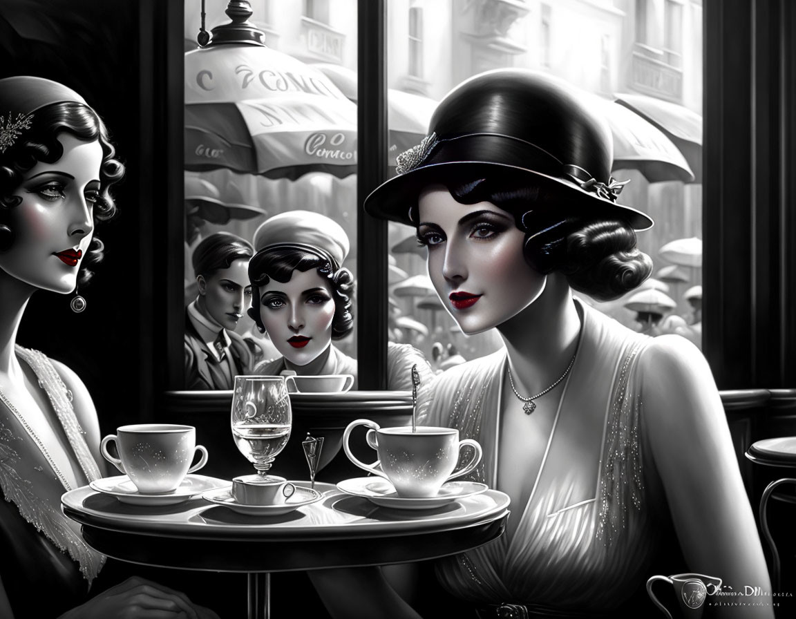 Vintage 1920s fashion: Three ladies in monochrome palette at café