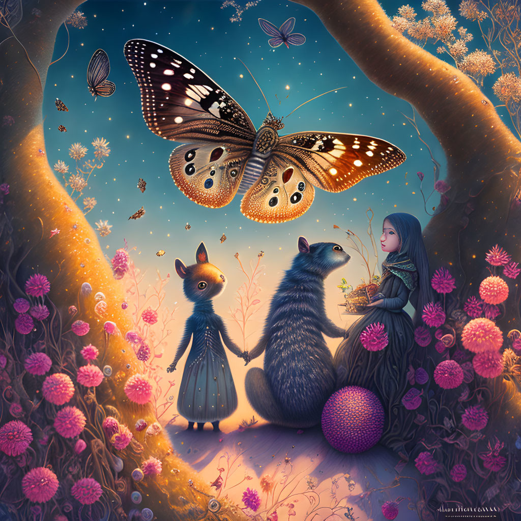 Illustration: Girl and Fox in Magical Forest with Butterflies and Flowers