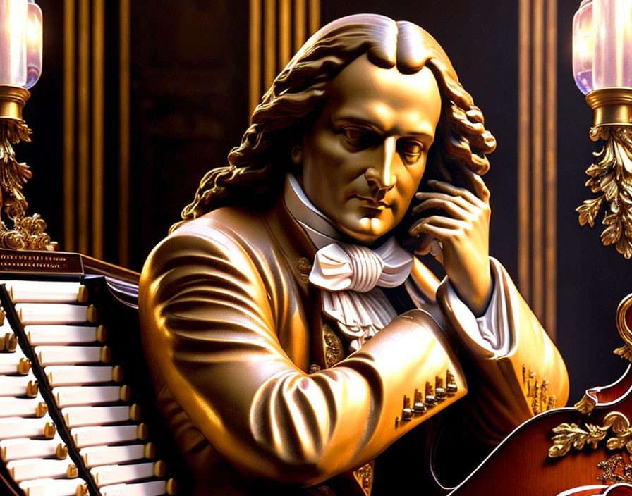 Stylized gold-toned image of man with long hair near piano and chessboard