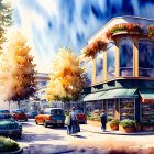 Vibrant Autumn City Street with People, Colorful Trees, Vintage Cars, and Café