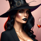 Digital artwork of a witch with hat in front of castle with bats and moon