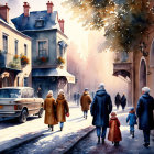 Quaint Street Scene Watercolor Painting with People and Vintage Car