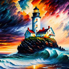 Colorful painting of lighthouse on cliff with turbulent ocean waves and dramatic sky.