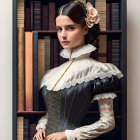 Vintage-dressed woman with ruffled collar in front of bookshelf holding books