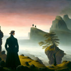 Silhouette of man on cliff at dawn or dusk with spires and lone tree