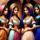 Four Women in Traditional Indian Attire with Detailed Jewelry Standing Against Ornate Backdrop