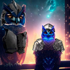 Stylized armored owls on railing against futuristic night cityscape