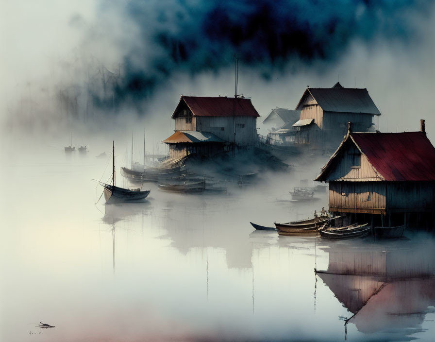 Lakeside huts and boats in mist with serene water reflections