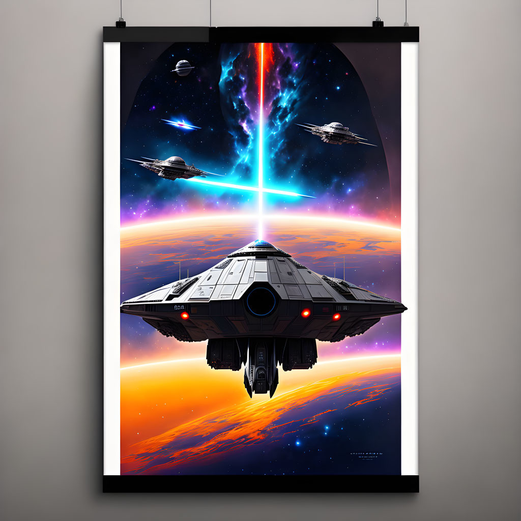 Vibrant Space-Themed Poster with Spaceships and Planets