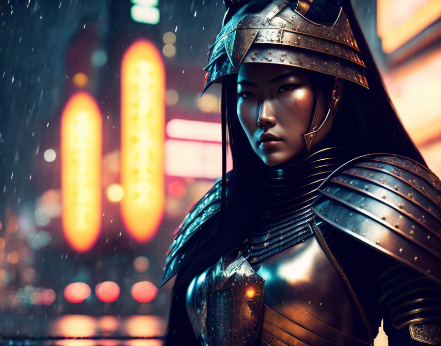 Stoic woman in samurai armor under rain-soaked night with glowing neon signs