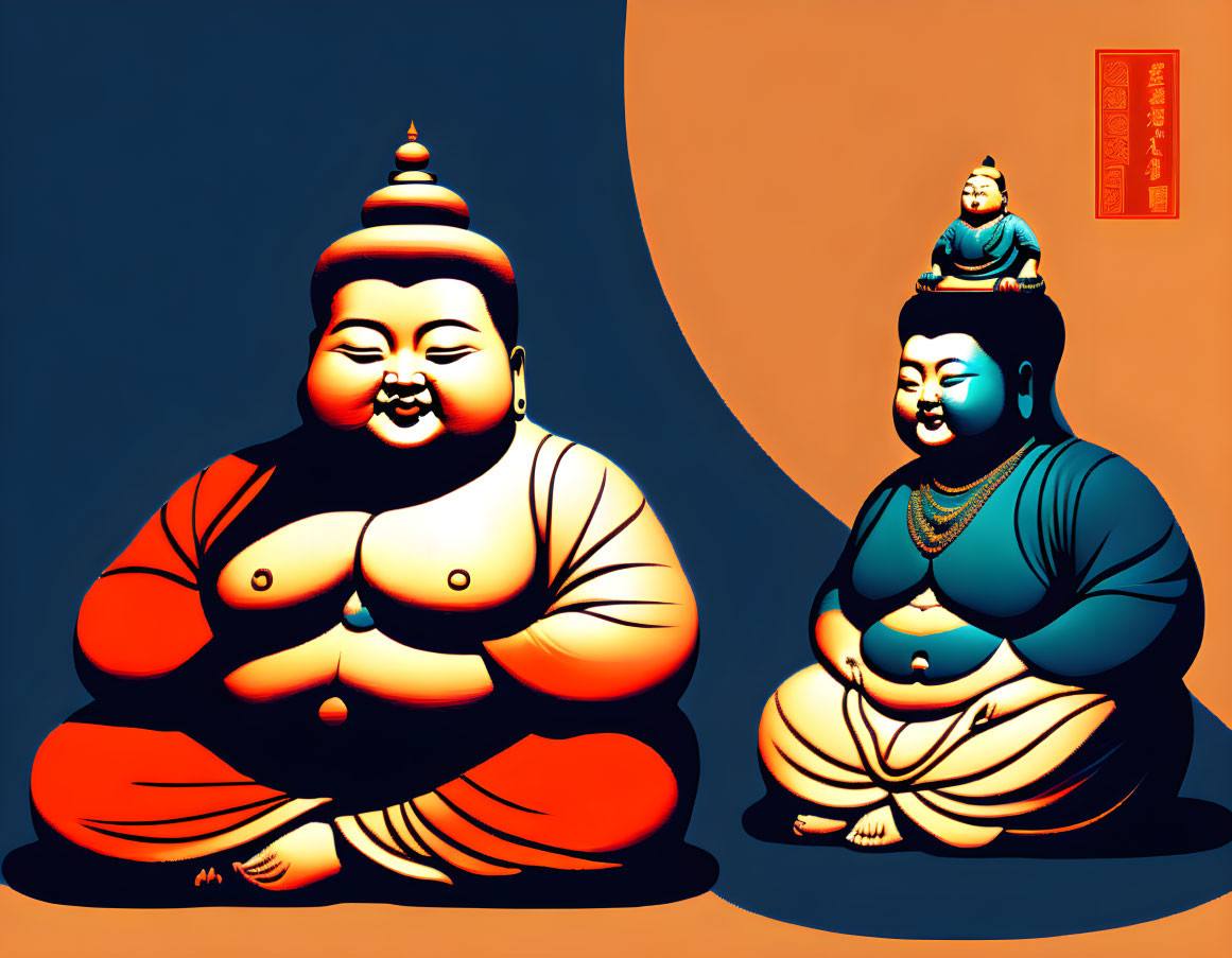 Colorful Laughing Buddha Art: Red and Blue Buddha Figures Smiling on Orange Background