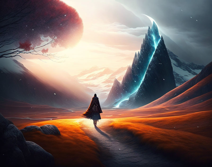 Cloaked Figure in Fantastical Landscape with Glowing Mountains