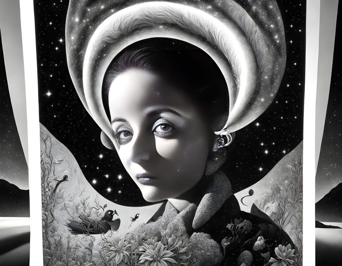 Surrealist monochromatic artwork of woman's face with cosmic headdress