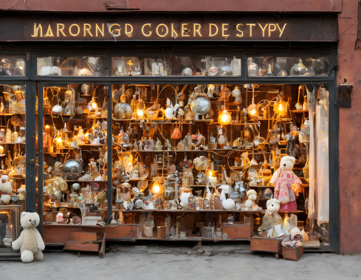 Cozy shop window with lit lamps and teddy bears