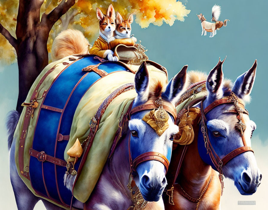 Whimsical illustration of foxes in noble attire riding a bovine with pegasus and squirrel.