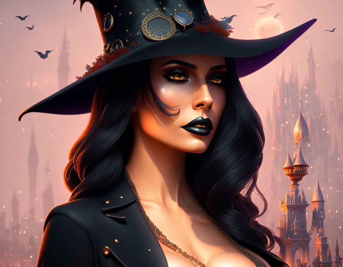 Digital artwork of a witch with hat in front of castle with bats and moon