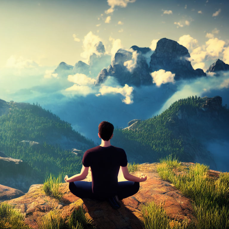 Person meditating on cliff with mountain view