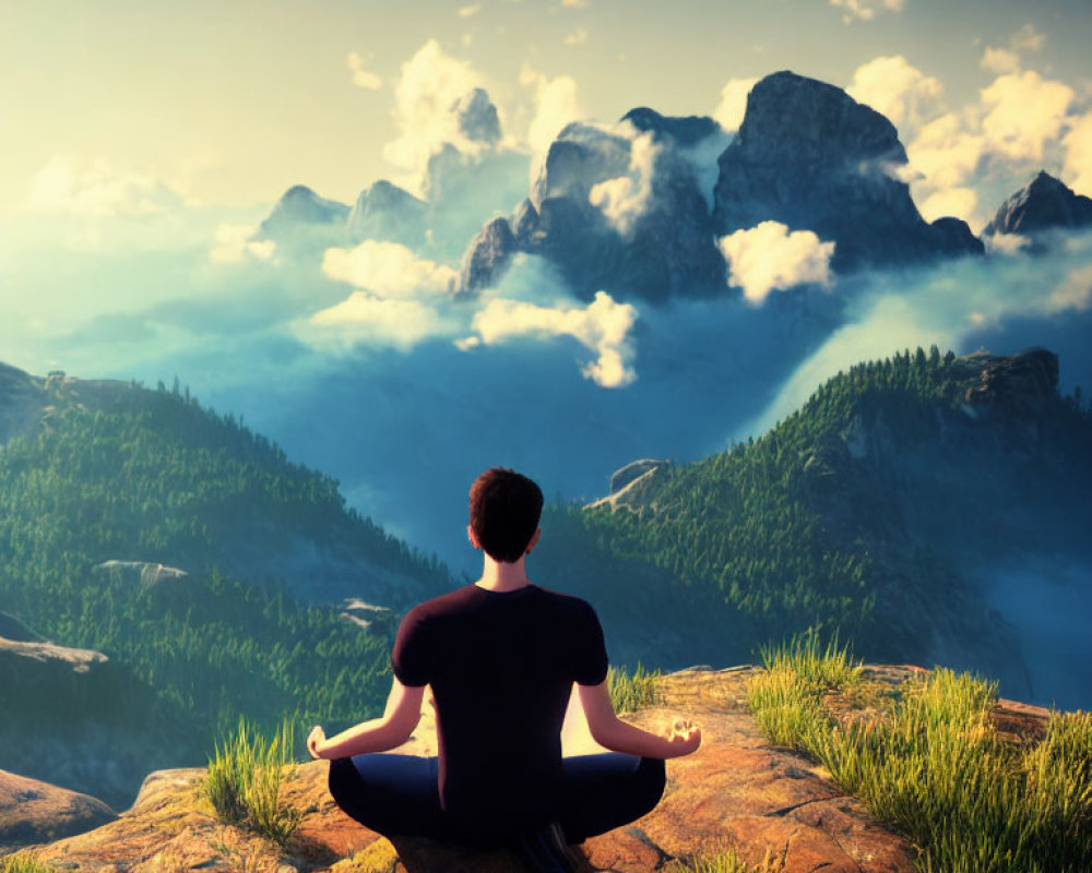 Person meditating on cliff with mountain view