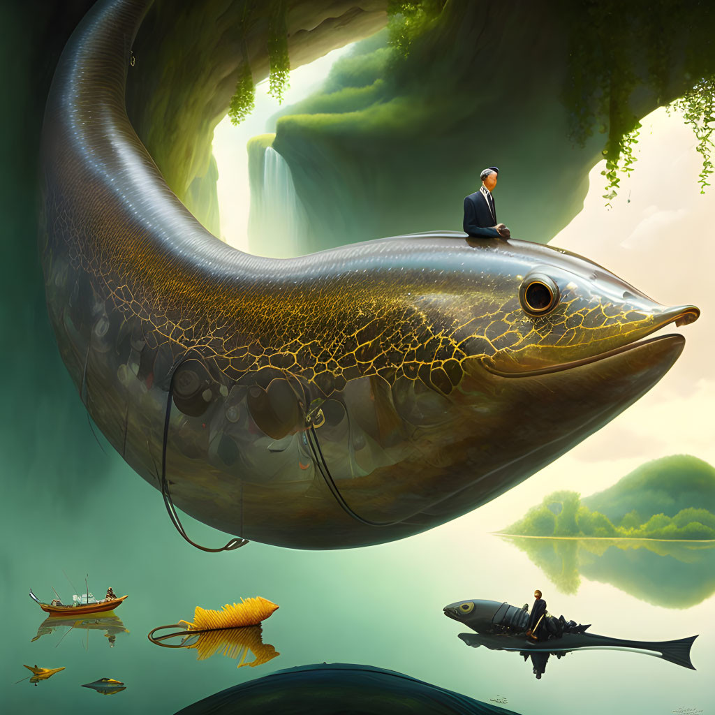 Man sitting on giant flying whale over fantastical forest with fish-like vehicles