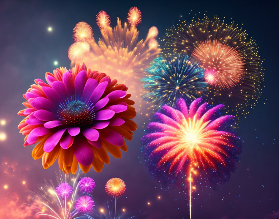 Colorful fireworks burst behind a vibrant gerbera flower at night