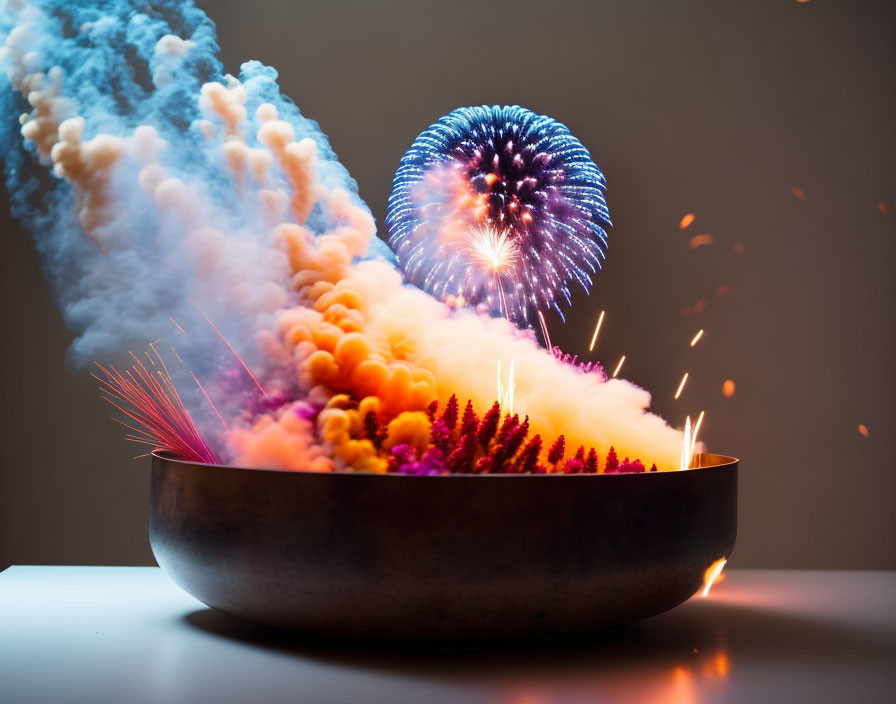 Colorful Firework Display with Smoke in Bowl