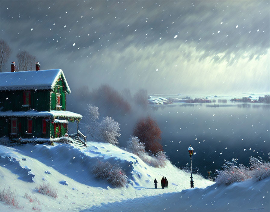 Snowy Christmas scene with green house, lamp post, frozen lake, and two people walking.