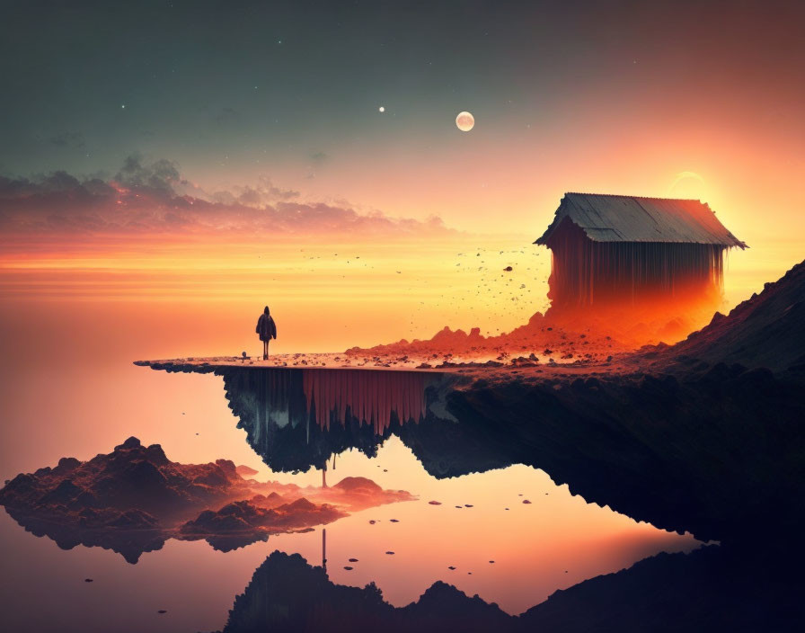 Person on Cliff's Edge Near Floating House with Surreal Sunset