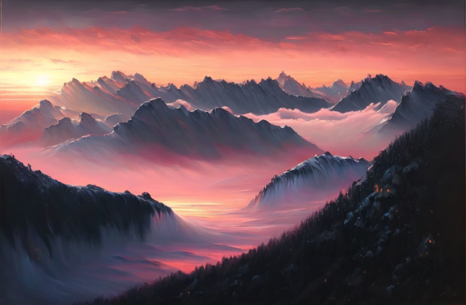 Snowy Mountains at Sunrise or Sunset with Pink Sky