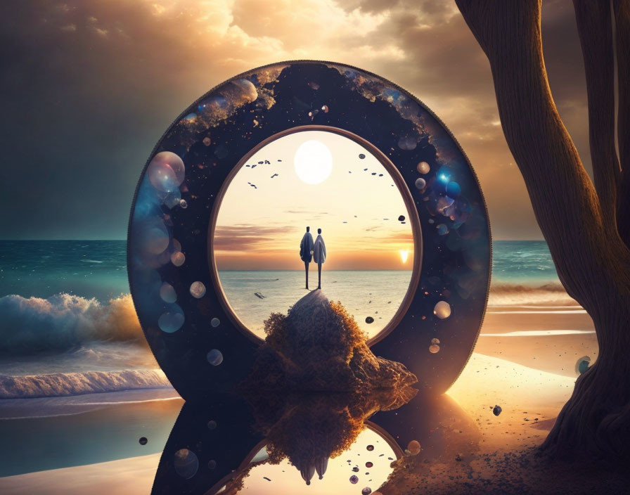 Circular Beach Sunset Portal with Silhouetted Figures Holding Hands
