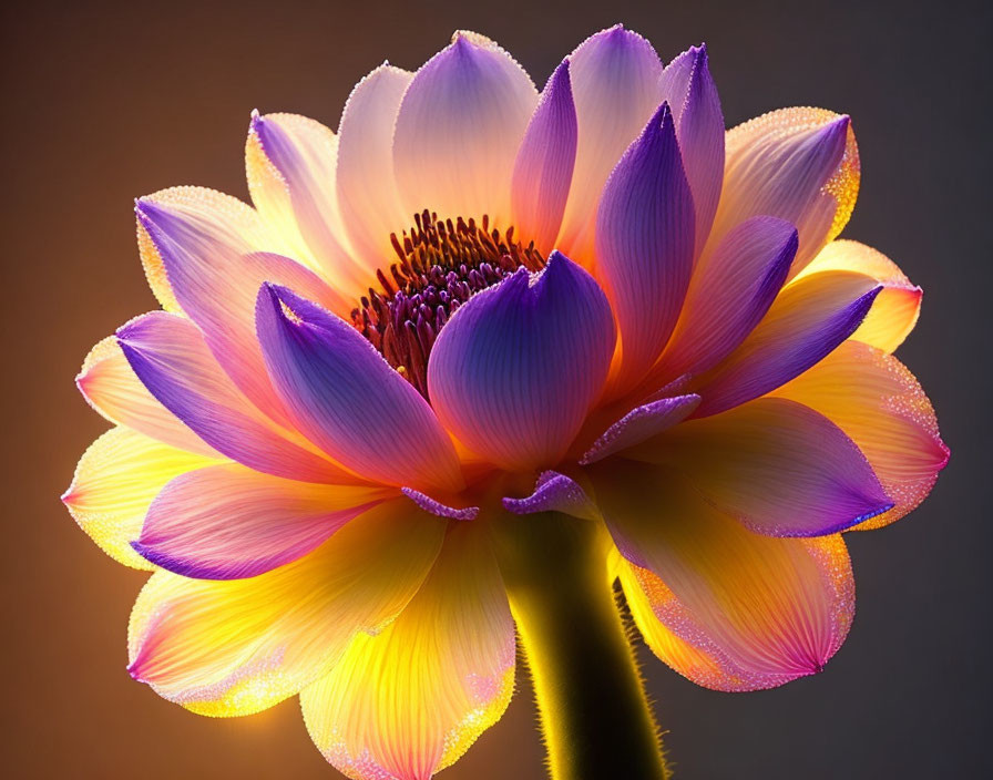 Vibrant Lotus Flower with Yellow to Purple Gradient Petals on Dark Background