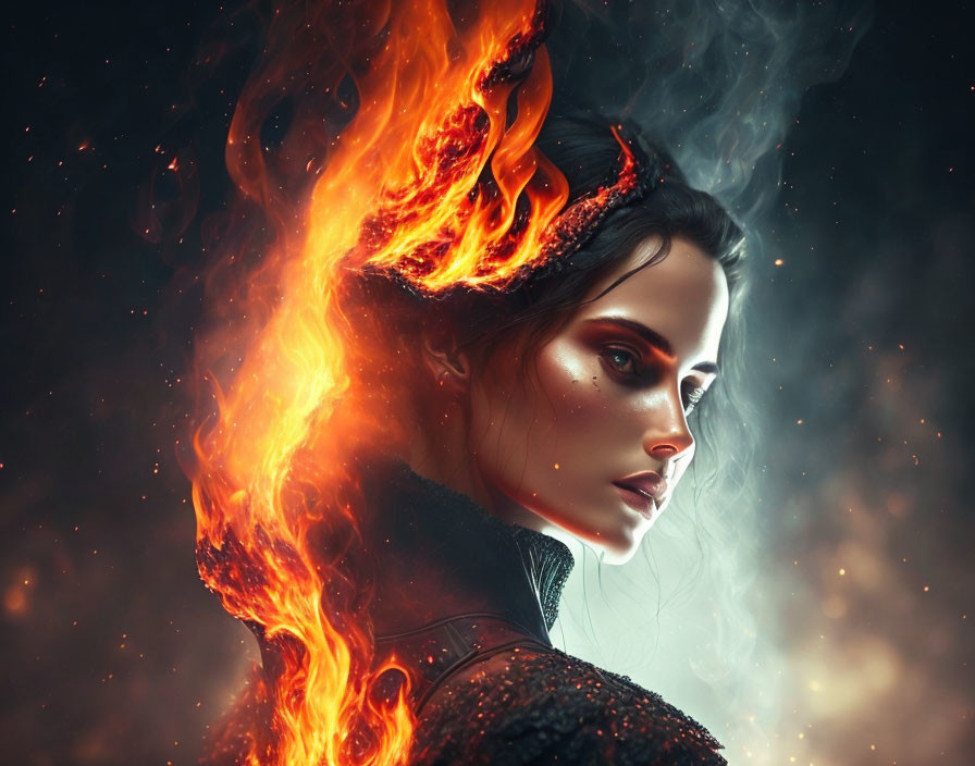 Digital Artwork: Woman with Dark Hair and Fiery Flames in Smokey, Starry Scene