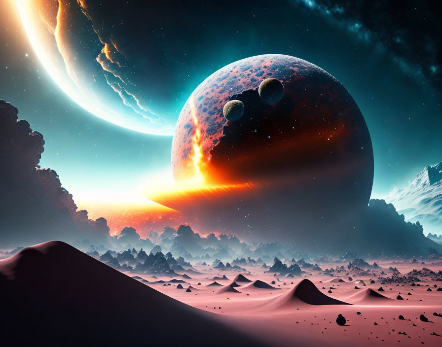 Vividly colored planet and moons in surreal cosmic landscape