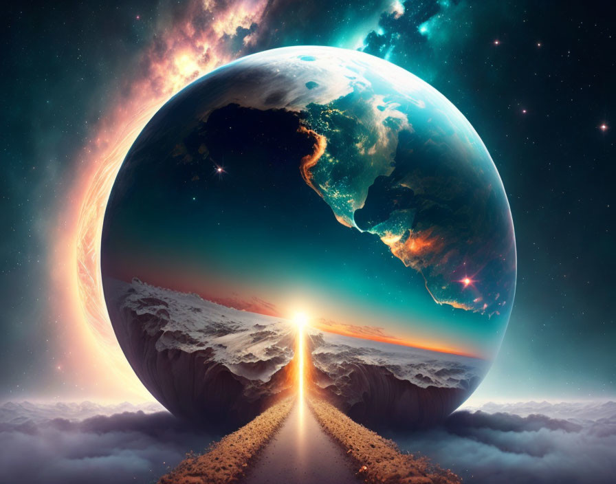 Giant planet over surreal landscape with split road and celestial background