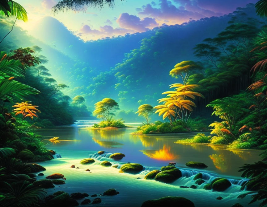 Tranquil river in vibrant tropical forest at sunrise