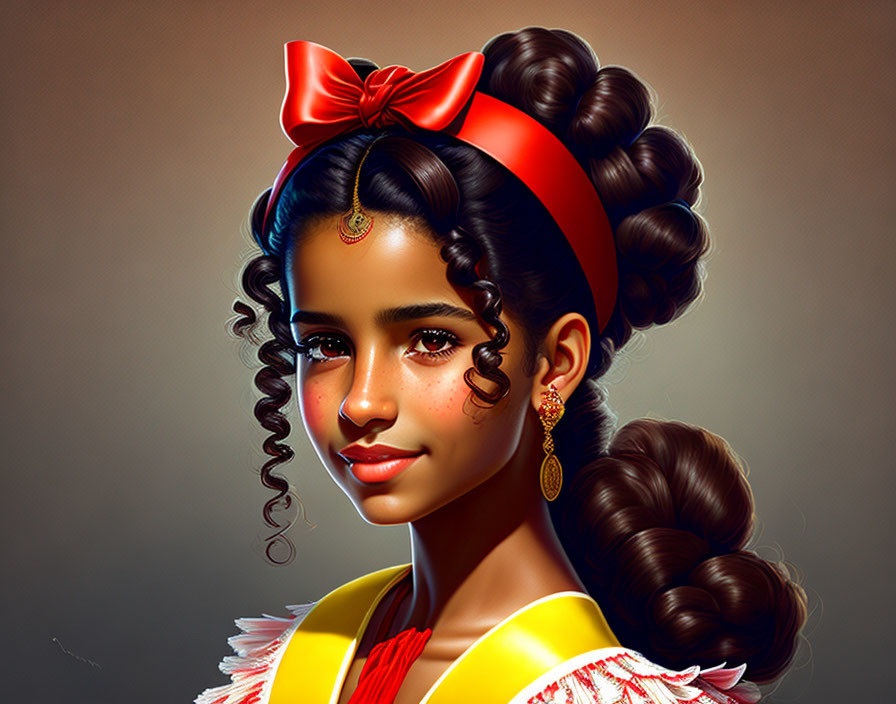 Digital portrait of girl with curly hair, red bow, yellow outfit, red accents, bindi,