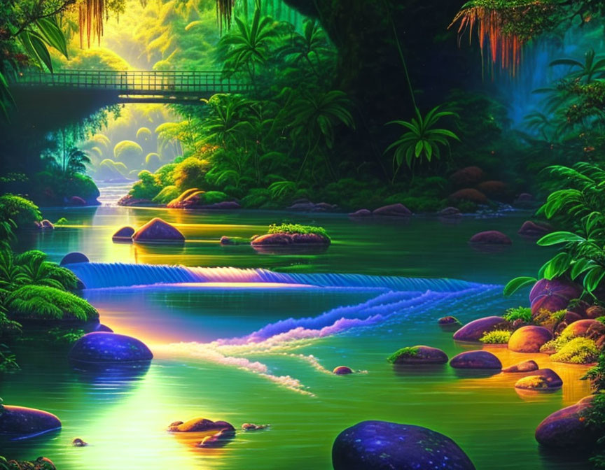 Colorful illustration of serene forest with river, bridge, and sunset