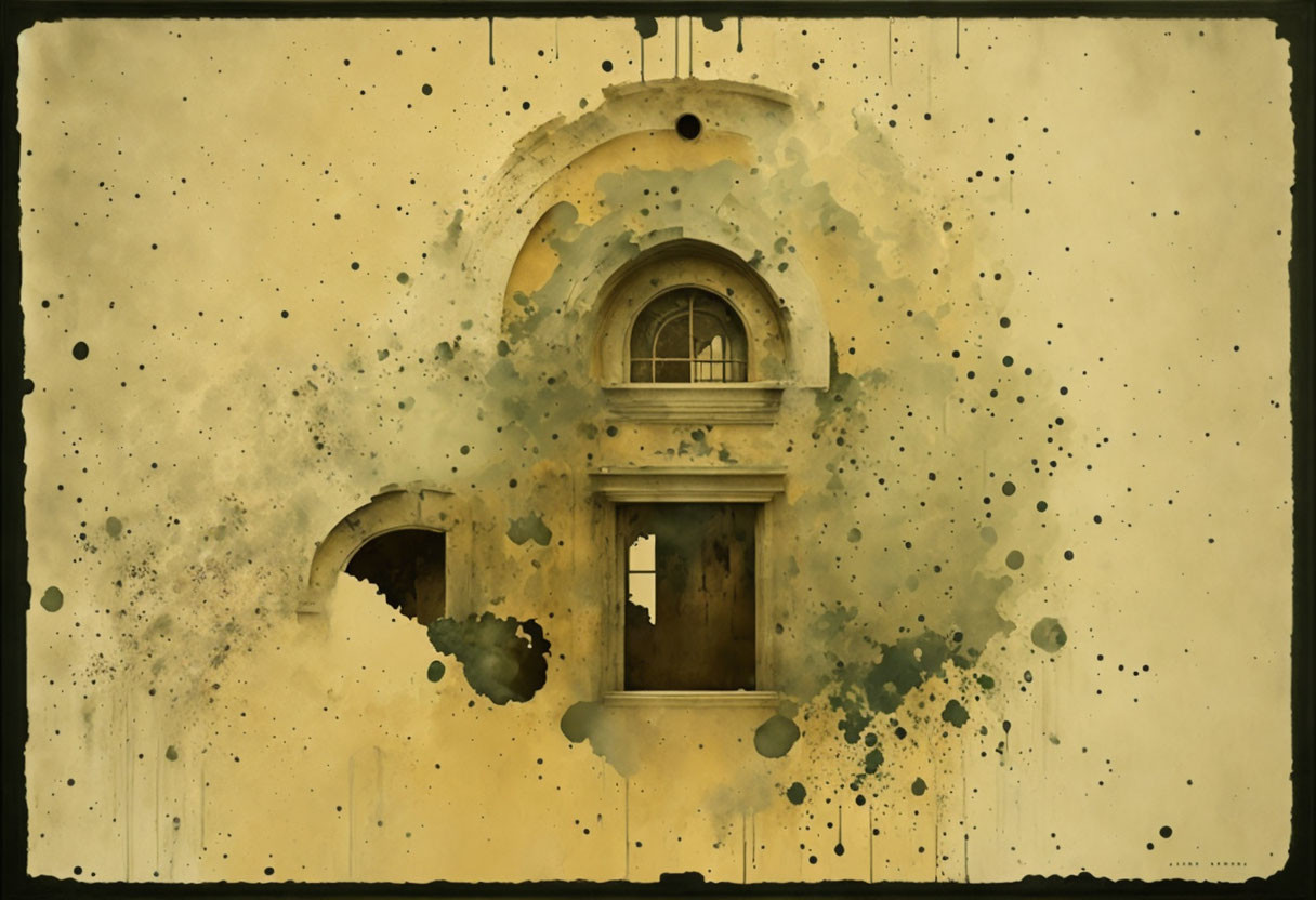 Vintage sepia-toned image of a rounded window with abstract splatter and uneven edges capturing old-world